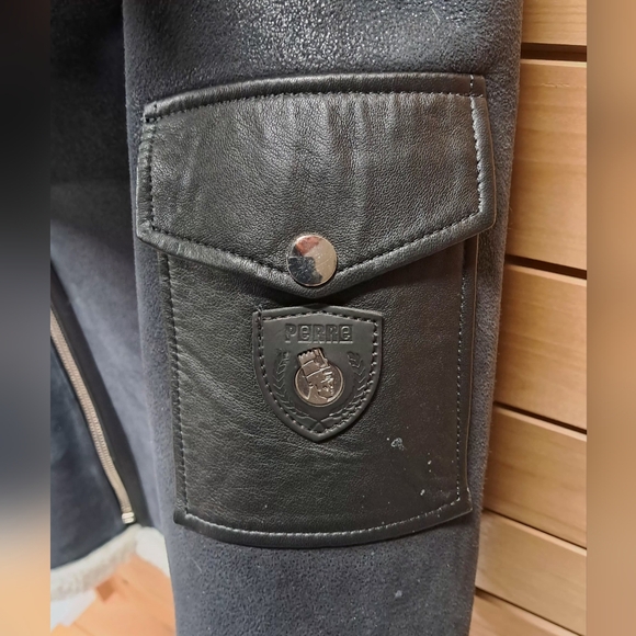 Leather Shearling Moto Bomber Jacket Size L - Picture 5 of 12